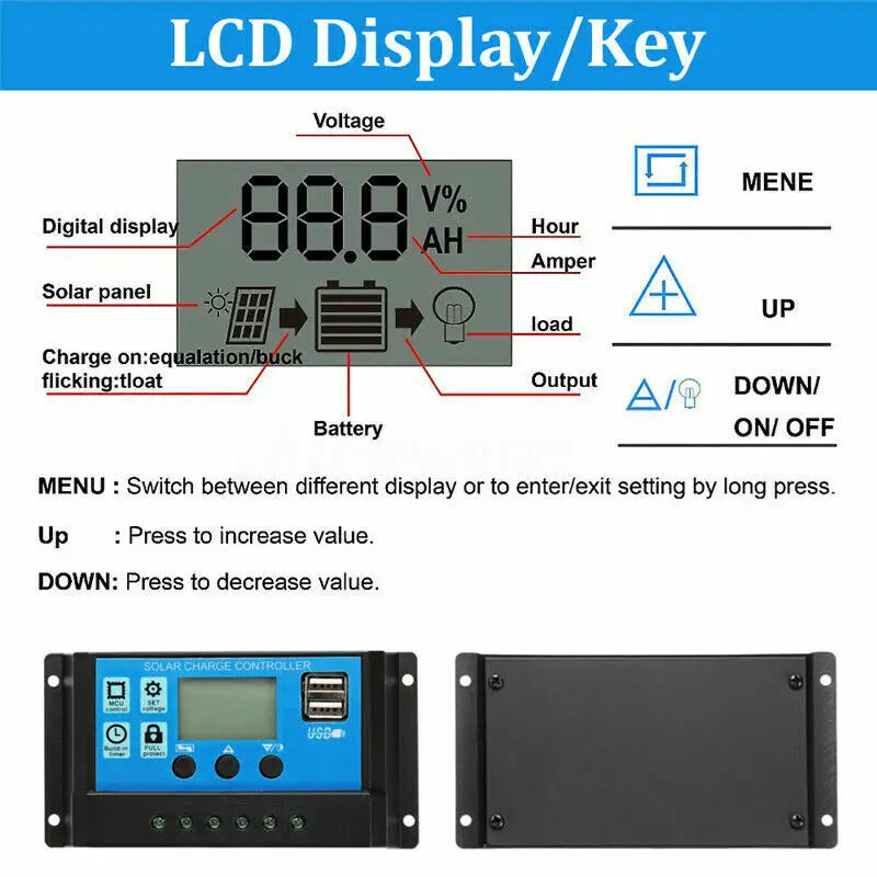 300W Solar Panel, LCD Display with Key: Voltage, digital time, solar output, and charge indicators with menu navigation.