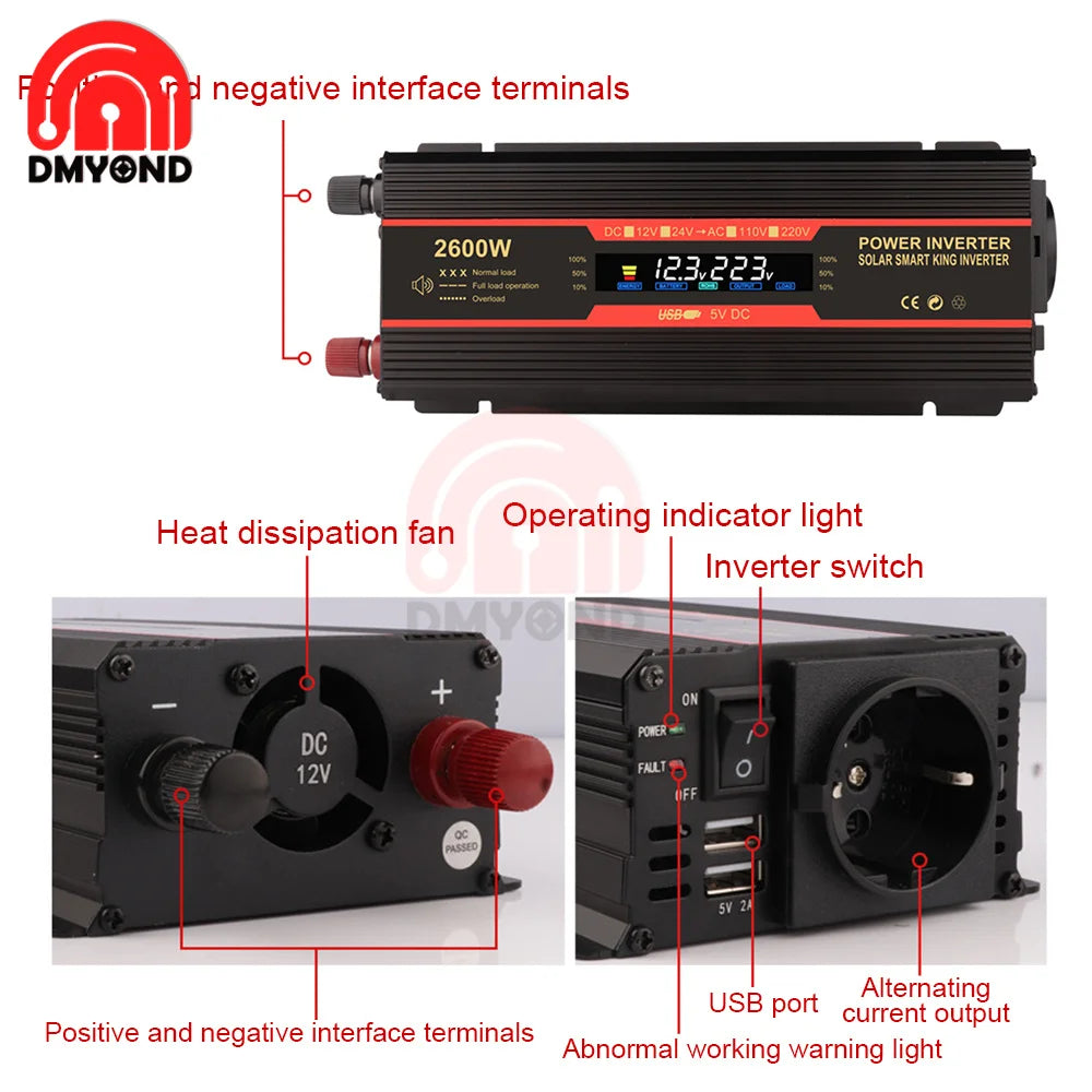 1500W/2000W/2600W Inverter, Solar power inverter converts DC to AC, suitable for 220V applications, with various features and compatibility with solar panels and car chargers.