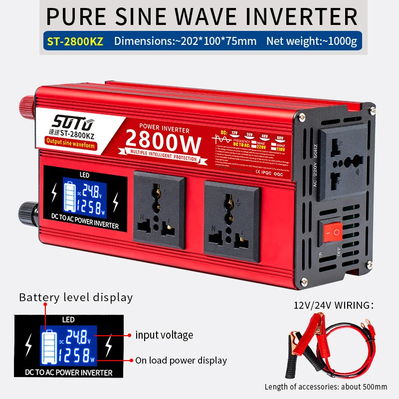 Pure Sine Waveform Universal Inverter, Inverter converts DC power (12V-60V) to AC power (110V-240V) with adjustable frequency and high power capacity.