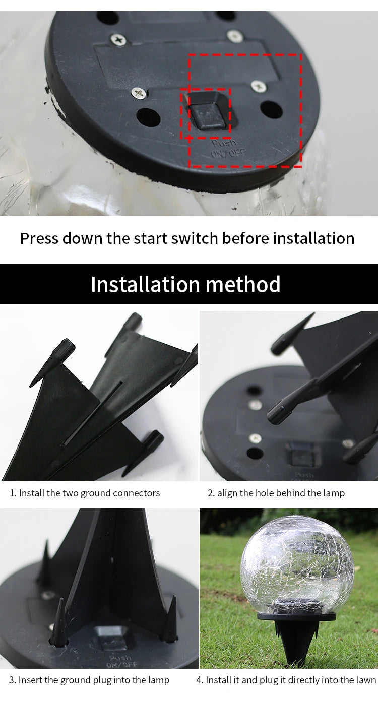 Solar Led Light, Install by connecting grounds, aligning holes, inserting plugs, and burying in lawn for waterproof operation.