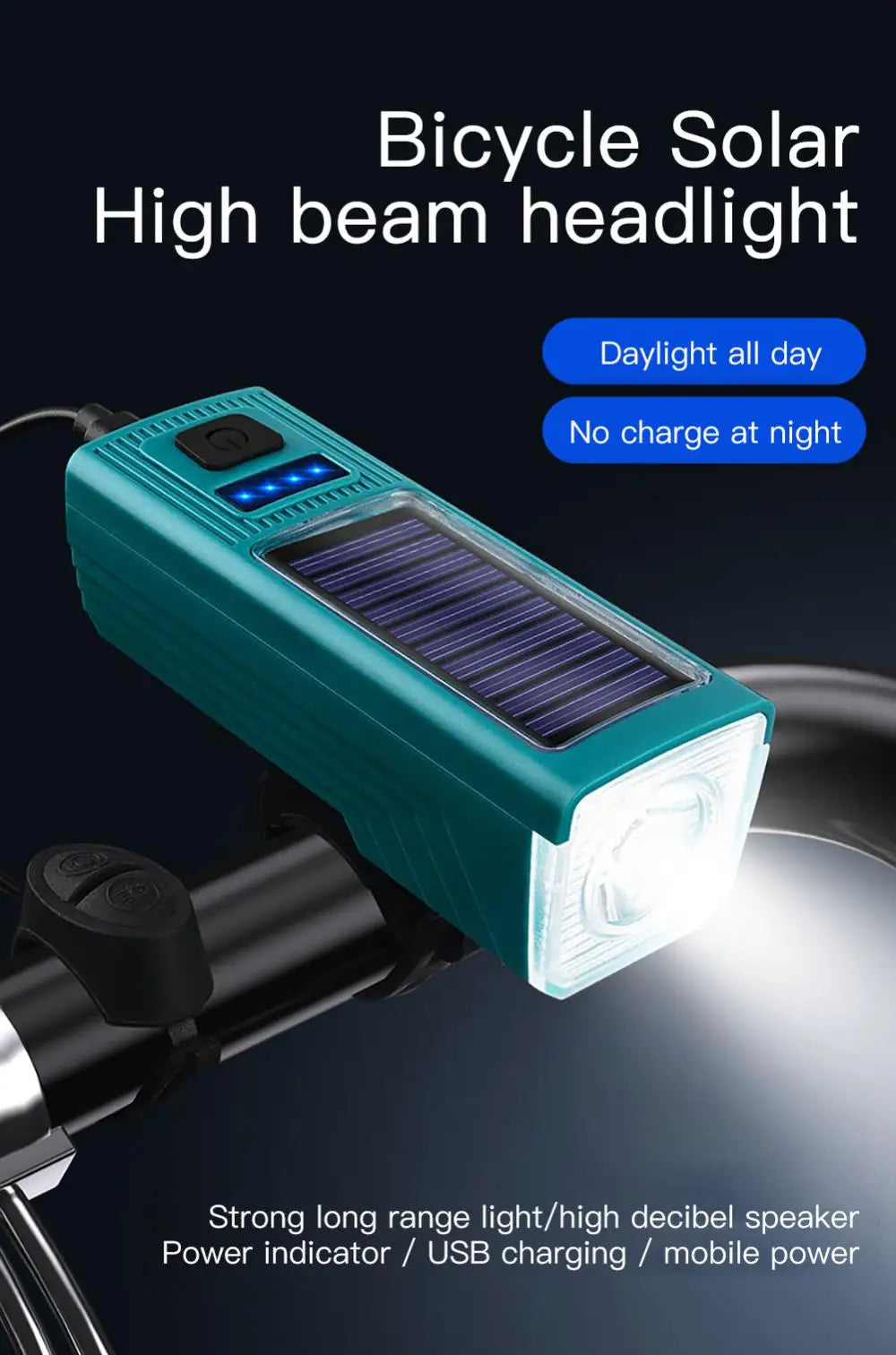 Solar Bike Light, Solar-powered bike light with high beam, daytime running lights, and alarm horn; charges devices via USB.