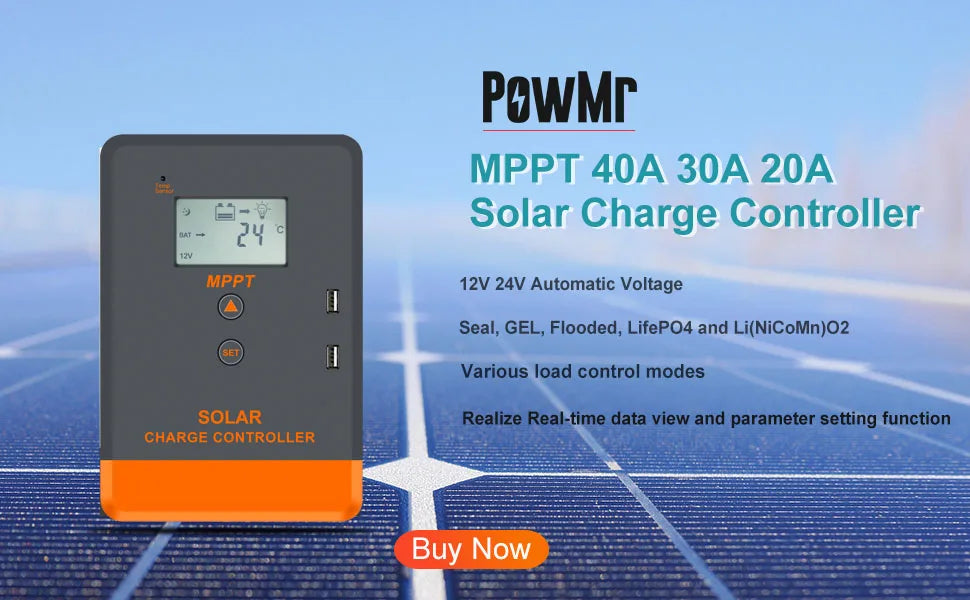 PowMr MPPT Solar Charger Controller, Solar charger controller for 12V or 24V solar panels with automatic voltage regulation and multiple load control modes.