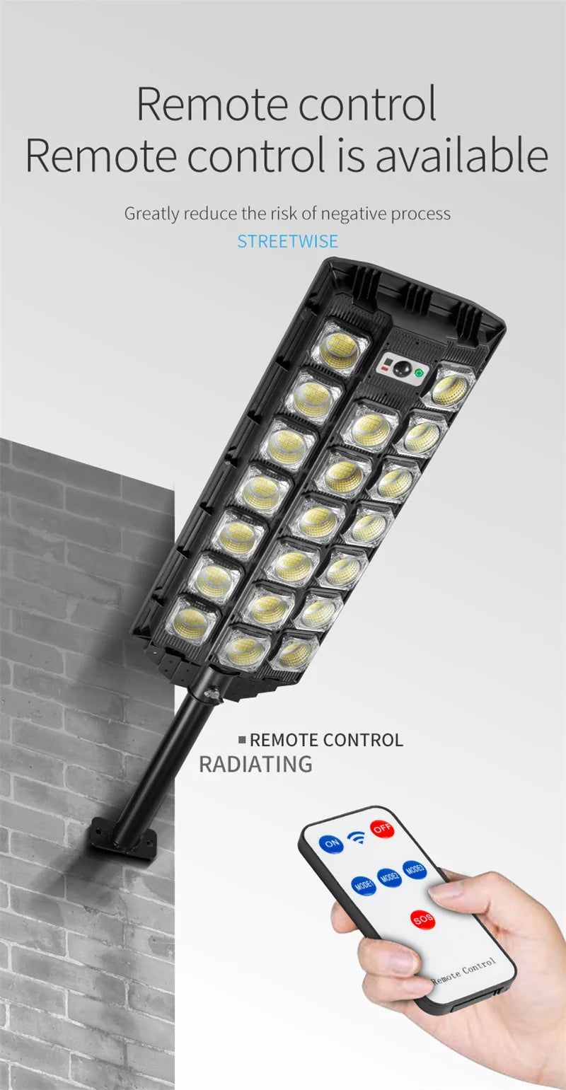 15000LM Solar Street Light, Conveniently control settings and brightness remotely, reducing setup hassle.