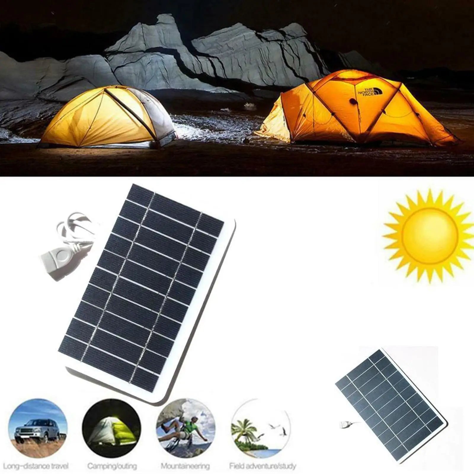 USB Solar Panel, Charges outdoor devices with portable solar power outputting 5V, 2W, and 400mA via USB.