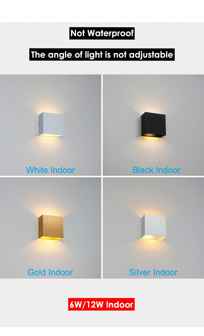 LED 6W/12W Outdoor Waterproof IP65 Wall Light, Indoor lamp with adjustable-free design, available in white, black, gold, and silver finishes.