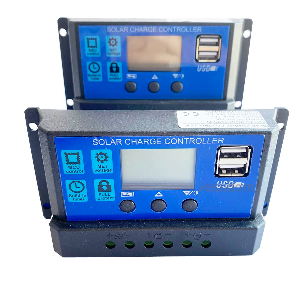 12V24V Auto. PWM Solar Charge Controller, Controller for solar-powered battery charging with adjustable current and timer protection.