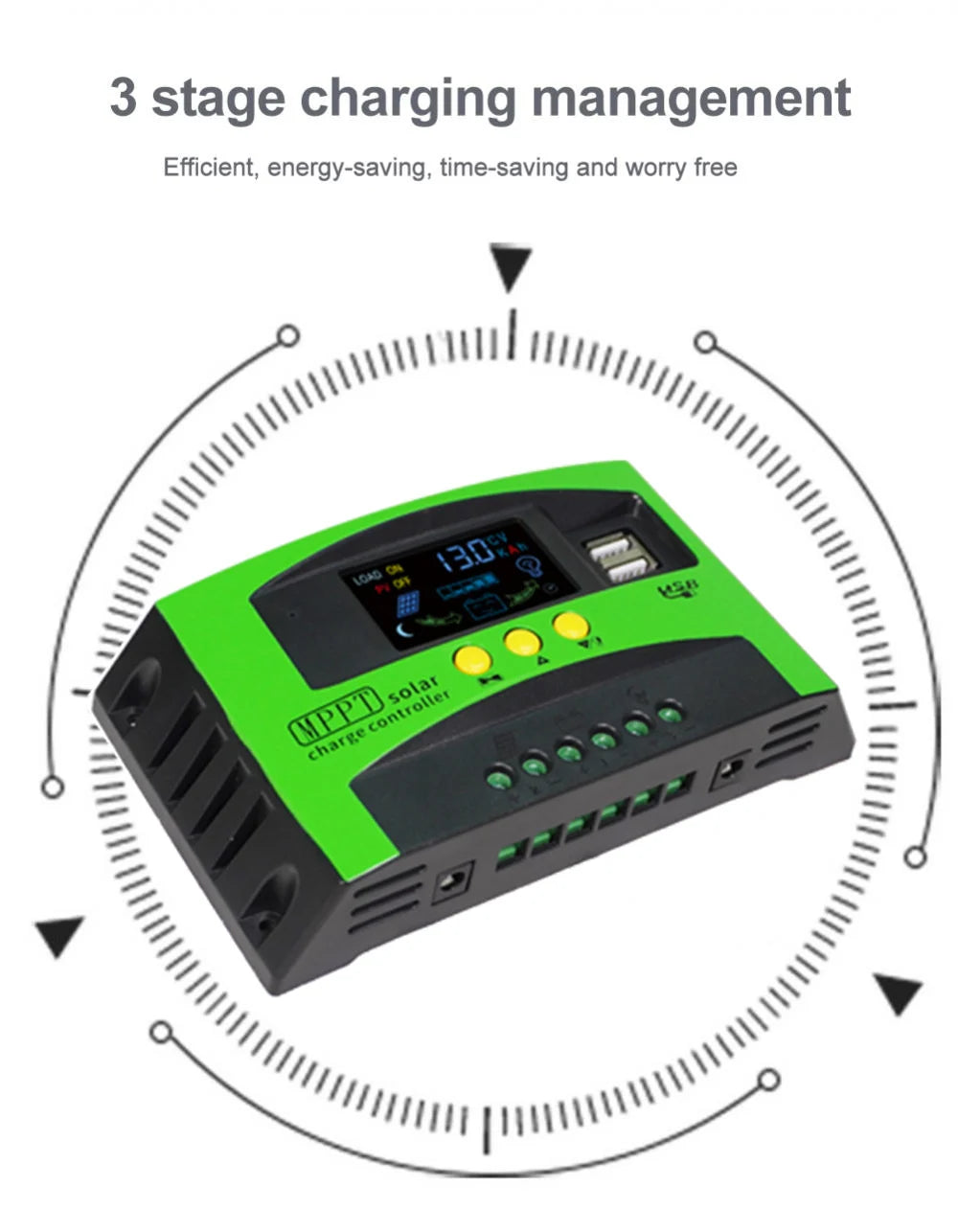 Three-stage charging management for efficient, energy-saving, and worry-free solar power regulation.