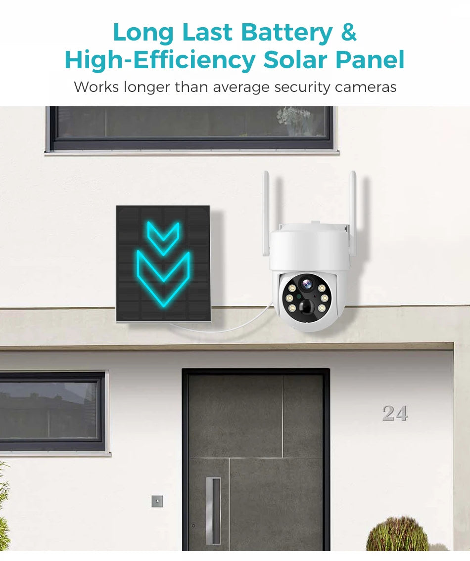 SOVMIKU WIFI Solar Camera, Reliable power source: long-lasting battery + efficient solar panel = extended use & improved performance.