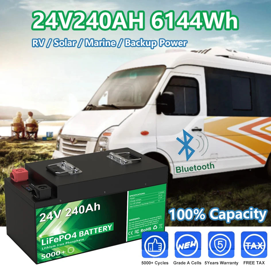 24V 240Ah 200Ah LiFePO4 Battery, LiFePO4 battery pack with 24V, 240Ah capacity, Bluetooth connectivity, and marine-grade performance.