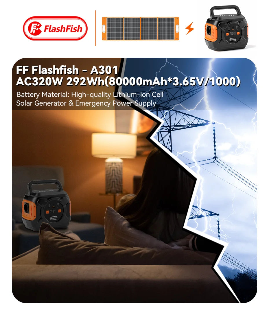 FF Flashfish A301, Portable solar generator with 292Wh capacity for outdoor and emergency use.