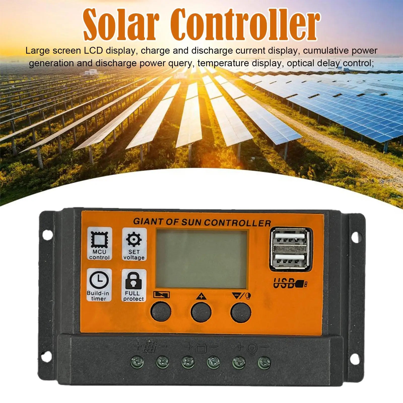 MPPT Solar Charge Controller, Real-time monitoring and protection for solar systems with LCD display and features like timer and USB output.