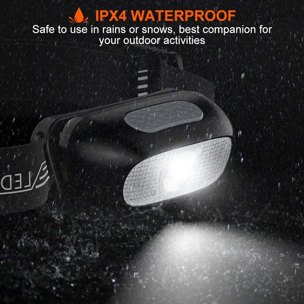 5 Modes Body Motion Sensor Headlight, Waterproof IPX4 rating makes this device suitable for use in rainy and snowy conditions.