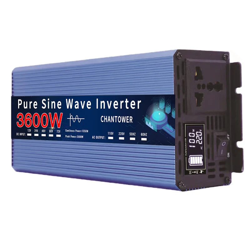 Pure Sine Wave Inverter converts DC power to AC, suitable for cars, solar, and general use.