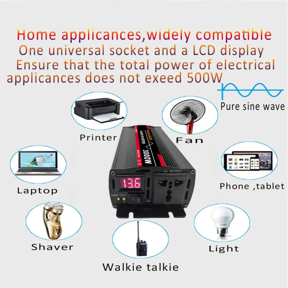 3000W Pure Sine Wave Power Inverter, Compact power bank with single socket and LCD display, suitable for charging devices up to 500W.