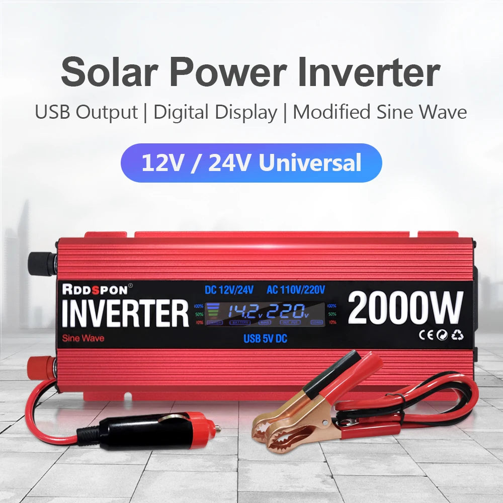 Solar Power Inverter, Solar inverter with modified sine wave tech, USB output, and display, suitable for small-scale solar energy systems.