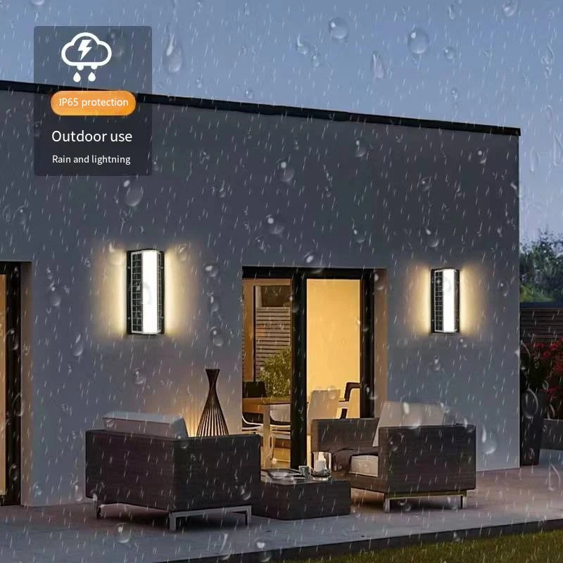 Solar LED Outdoor Wall Light, IP65 protected, weather-resistant design for outdoor use in rainy or sunny conditions.