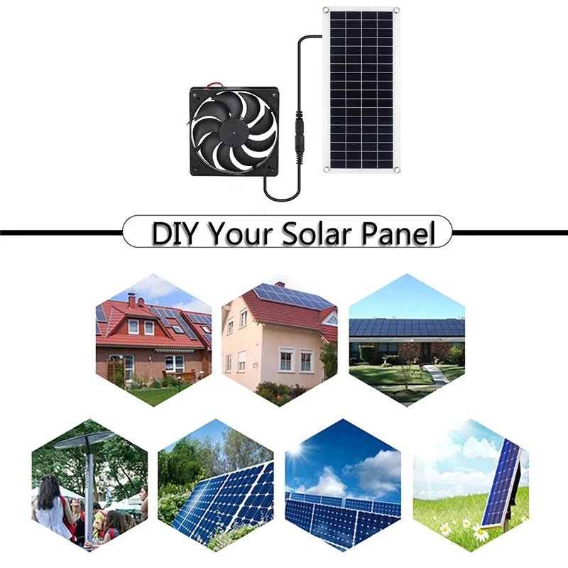 Solar Panel, Portable exhaust fan keeps indoor air flowing and fresh, eliminating pet and smoke odors.