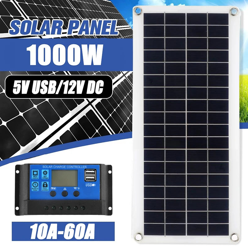 1000W Solar Panel, Portable solar panel with charge controller and USB output, charges phones, RVs, cars, and outdoor devices.