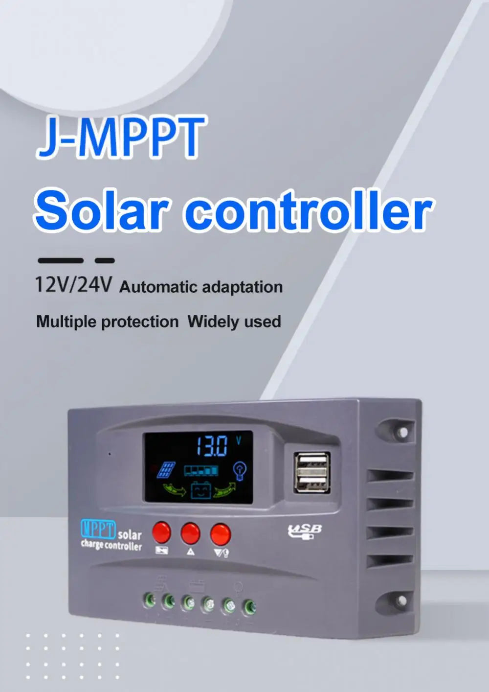 CORUI 10A 20A 30A MPPT Solar Charge Controller, Corui MPPT solar charger with automatic voltage detection and LCD display, features dual USB ports.