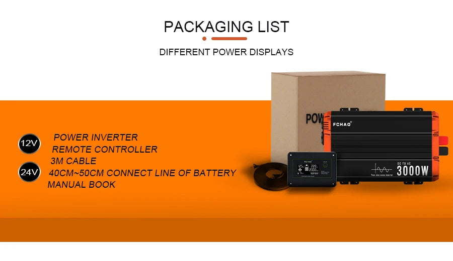 FCHAO 3000Wt Inverter, Power system packaging with various components, including remote controller and power display options.
