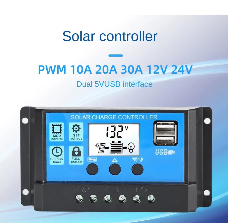 Advanced solar charge controller with PWM tech, supports high currents and voltages, and has dual USB ports.