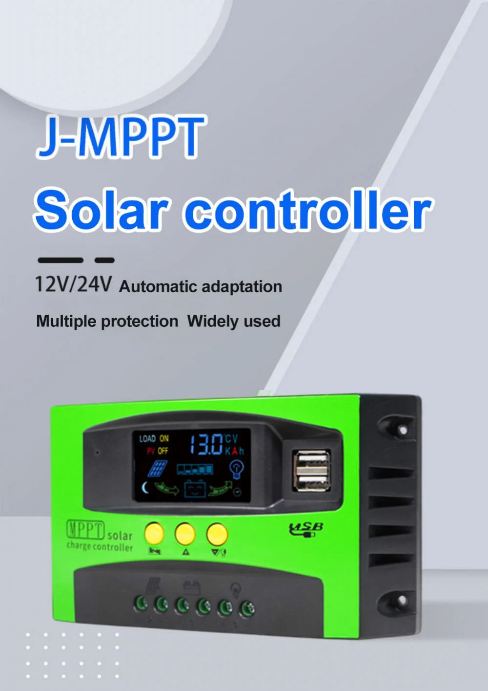Adaptable solar charger controller with multi-protections for 12V or 24V systems.