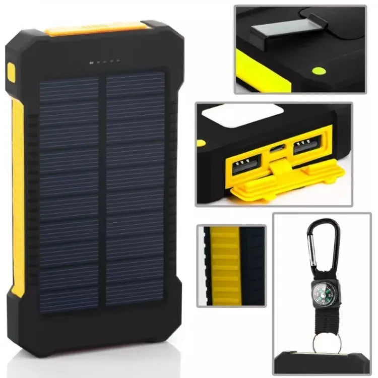 High-capacity, water-resistant power bank with solar panel and wireless charging for outdoor enthusiasts.