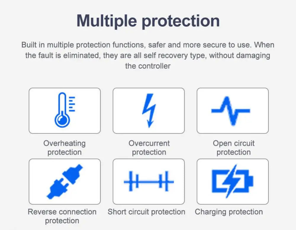 Advanced safety features for solar charge control: overheating, current, open-circuit, reverse, short-circuit, and charging protections.