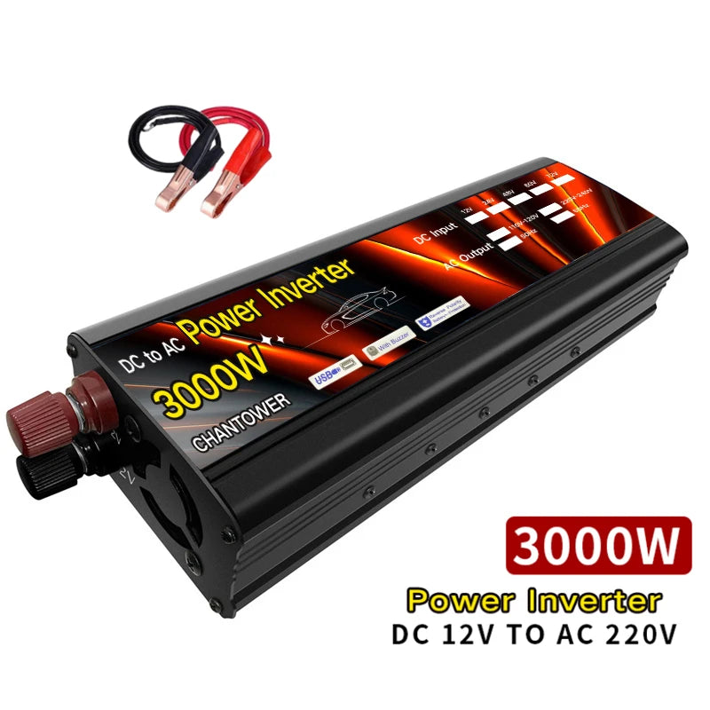 Portable solar inverter converter with USB, universal car inverter, and voltage transformer for powering devices.
