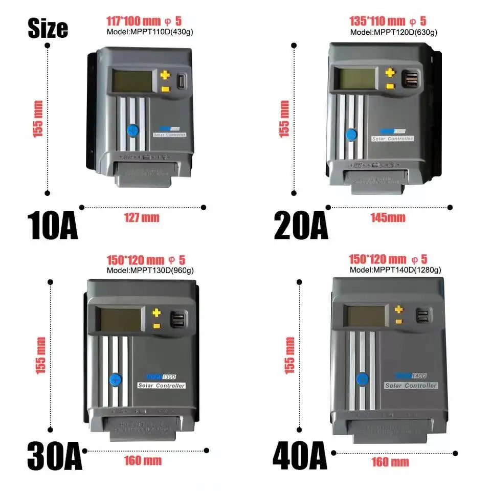 MPPT Solar Charge Controller with LCD display, supports charging up to 40A and features Wi-Fi connectivity.