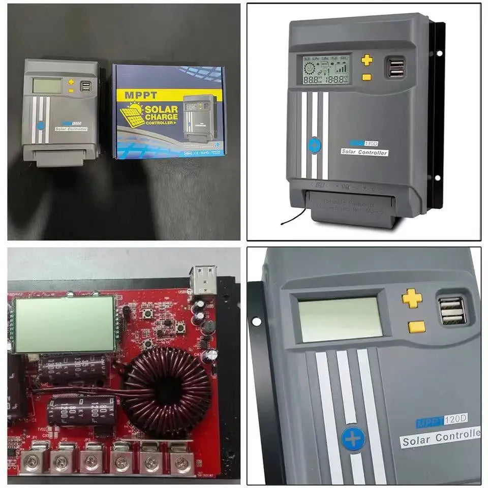 Mppt Solar Charge Controller, Smart solar charge controller with LCD display, USB ports, and Wi-Fi connectivity for 12V/24V battery control.
