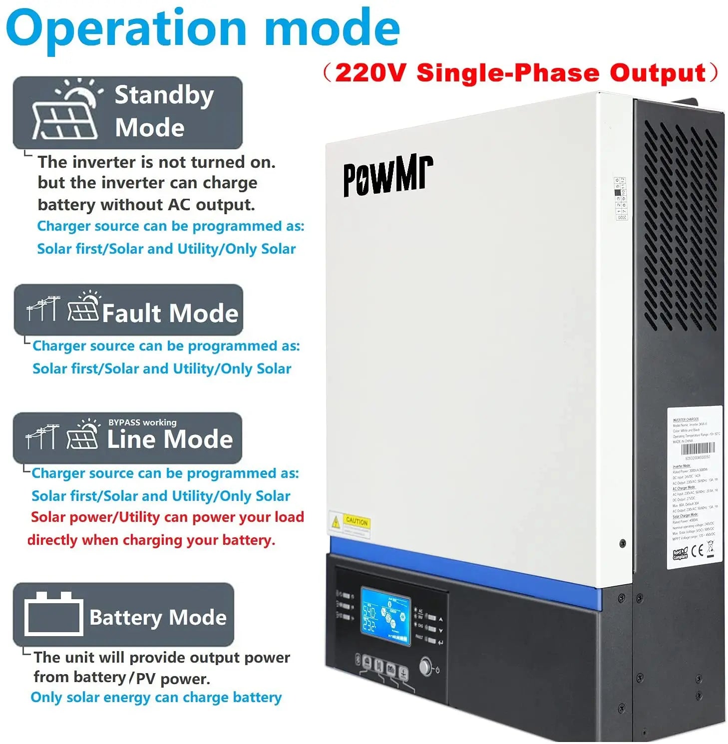 PowMr 5000W 3000W Hybrid Solar Inverter, Hybrid solar inverter for home and off-grid systems, featuring pure sine wave output and MPPT charging.