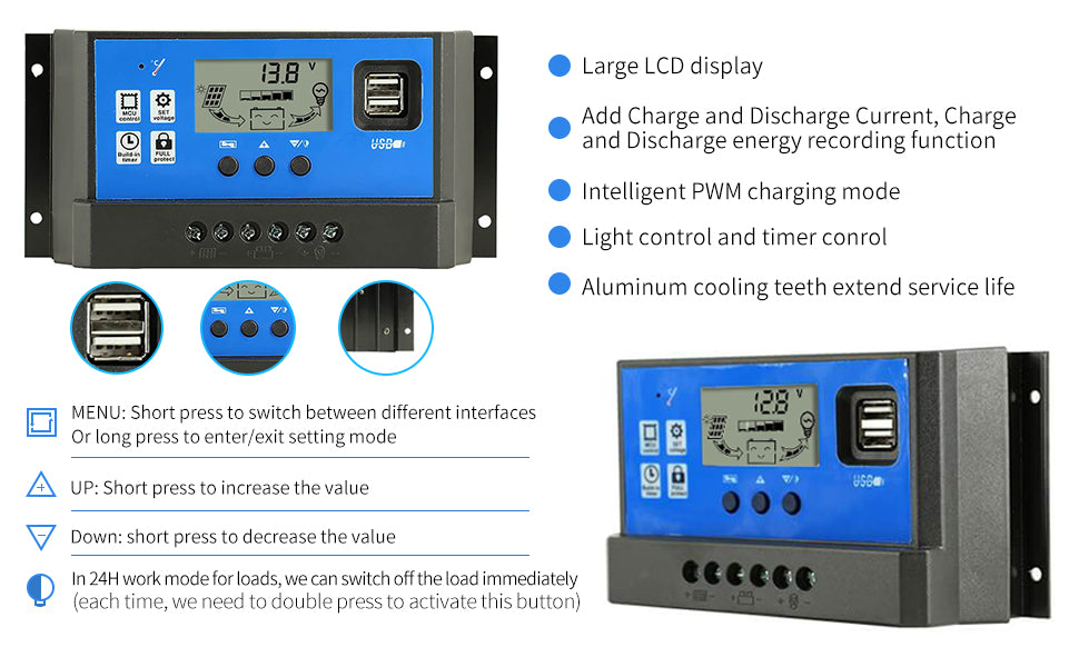 40A 50A 60A Solar Panel Charge Controller, Charging features and settings control on a 13.8-inch LCD display.