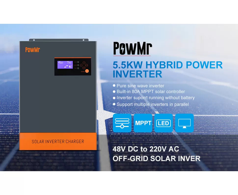POW-HVM5.5K-48V-P - Chargeur onduleur solaire tout-en-un PowMr 5500W avec contrôleur solaire MPPT 80A