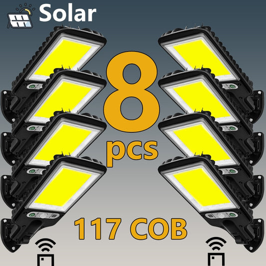 Venda imperdível Luzes de rua solares ao ar livre 117 COB Lâmpada de parede de segurança solar sem fio Sensor de movimento com 3 modos para jardim de porta frontal