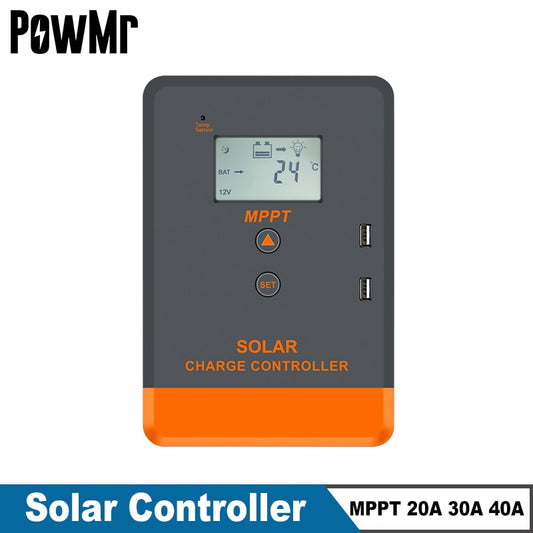 Controlador de carregador solar PowMr MPPT 40A 30A 20A 12V 24V Regulador de painel solar Visor LCD Vários modos de controle de carga Suporte Li