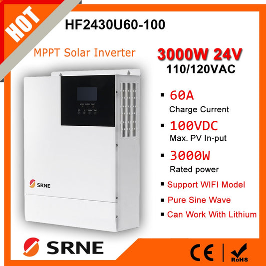 SRNE 3000W 24V 110V/120VAC 50Hz/60Hz Onda senoidal pura Off-Grid Inversor híbrido MPPT 60A Carregador solar Tensão máxima de entrada fotovoltaica 100VDC