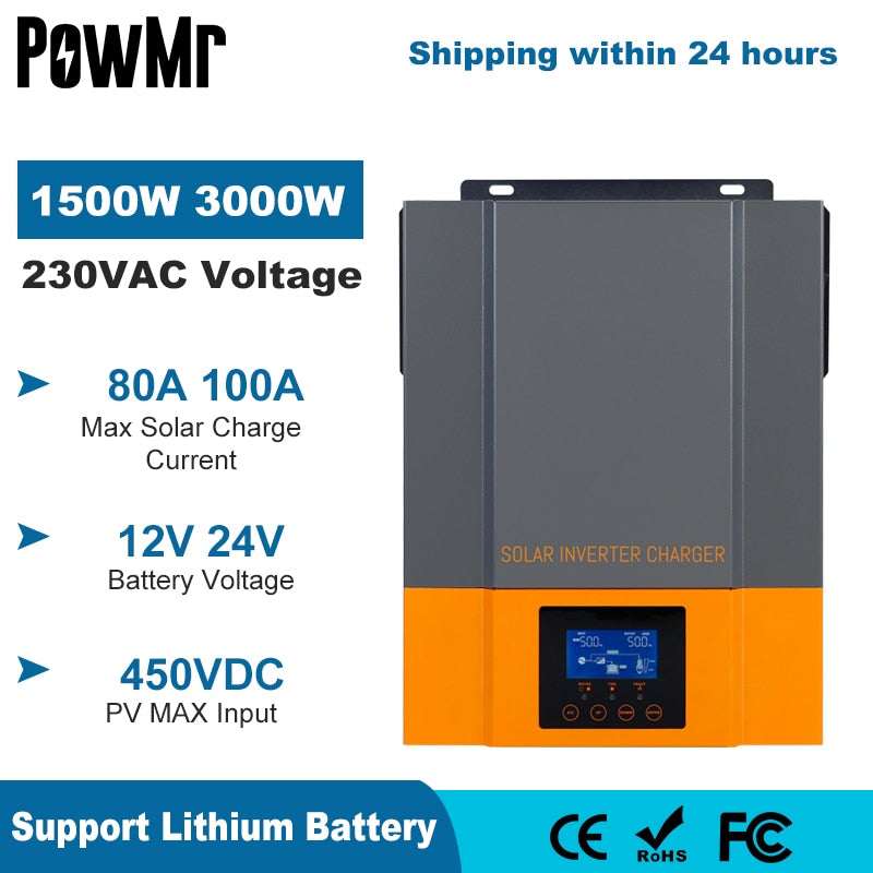 PowMr Hybrid Solar Inverter 1500W 3000W 12V 24V 230V Built-in 80A 100A MPPT Solar Controller PV Max 450V Inversore a onda sinusoidale pura