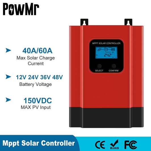 PowMr Esmart3 MPPT 60A 40A Controlador de carga solar 12V 24V 36V 48V Regulador automático de painel solar Entrada máxima de PV 150VDC Porta RS485