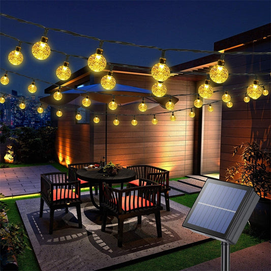 Guirlande lumineuse solaire extérieure 60 LED 8 Modes boule de cristal/étoiles lumières étanche solaire alimenté scintillant décor lampe pour fête Patio