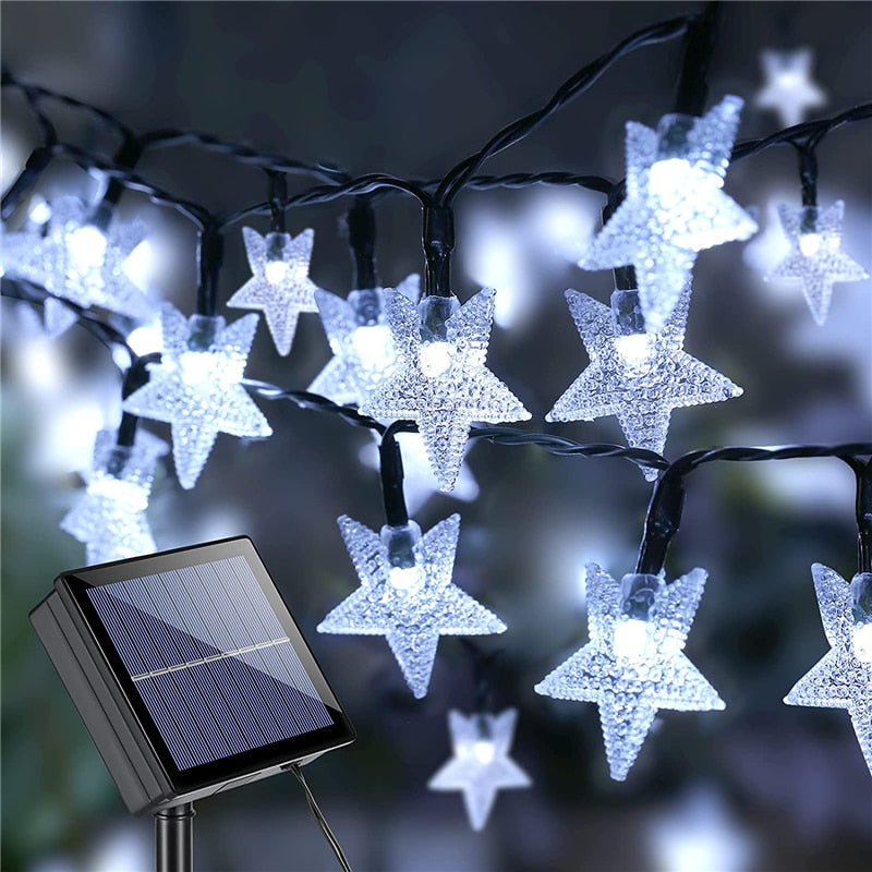 Guirlande lumineuse solaire extérieure 60 LED 8 Modes boule de cristal/étoiles lumières étanche solaire alimenté scintillant décor lampe pour fête Patio