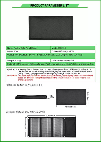 30W Portable Solar Panel, LSFC-30 foldable solar panel charger is made of ECT