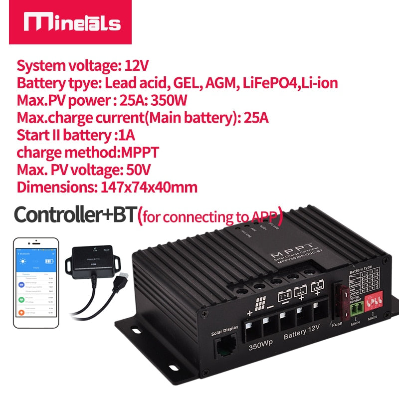 Controlador MPPT 12v 25a compatible con aplicación Bluetooth controlador de carga Solar inteligente regulador Solar MPPT de batería Dual para regulador RV