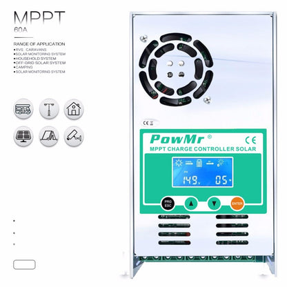 El controlador de carga solar PowMr MPPT 60A funciona para batería de litio de plomo y ácido de 12V 24V 36V 48V con pantalla LCD Max PV 190VDC Input