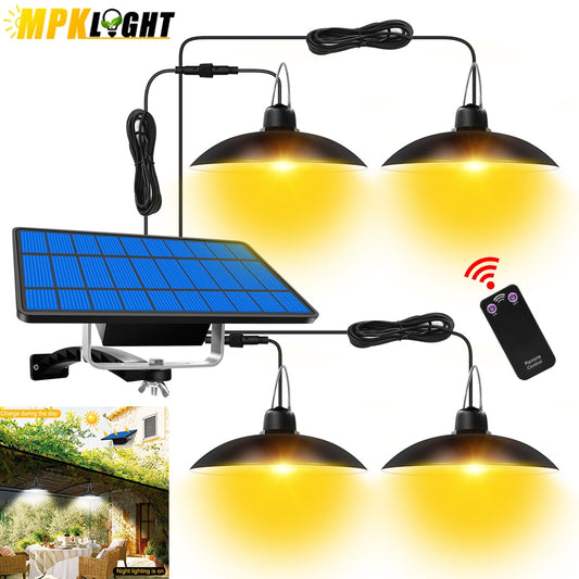 Luzes pendentes solares LED 1/2/3/4 cabeças Lâmpada suspensa solar interna externa para entrada de garagem, jardim, varanda, IP65, à prova d'água