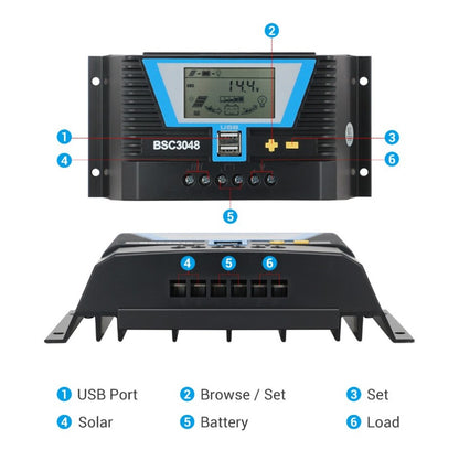 Regolatore solare PWM 20A 30A 60A 80A 12V/24V o 12V 24V 36V 48V Batteria al litio Regolatore di luce Dual Time Control e USB