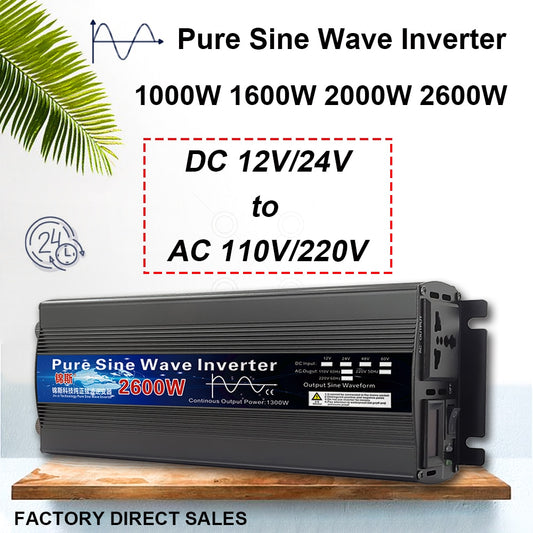 Inversor de onda sinusoidal pura 12V 24V - 110V 220V 1000w 2000w 2600w Inversor 12V 48V a 220V Convertidor de energía solar Pantalla LED