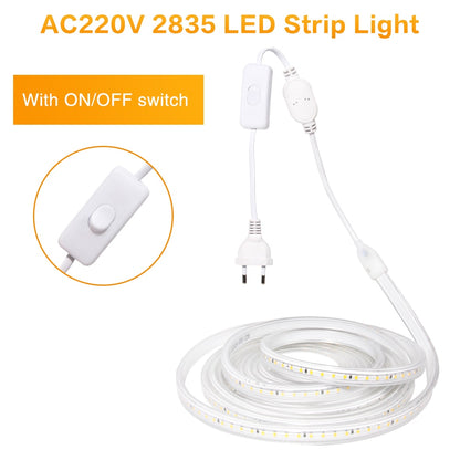 LED Strip Light 220V 2835 Waterproof led strip High Brightness 120LEDs/m Flexible Kitchen Outdoor Garden LED Light With Switch