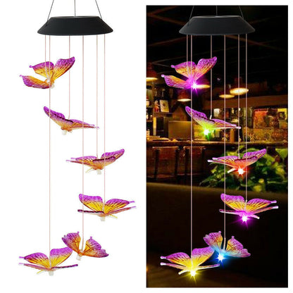 Color Changing Solar Power Wind Chime Hummingbird Angel Butterfly Waterproof Outdoor Decoration Light for Patio Yard Garden