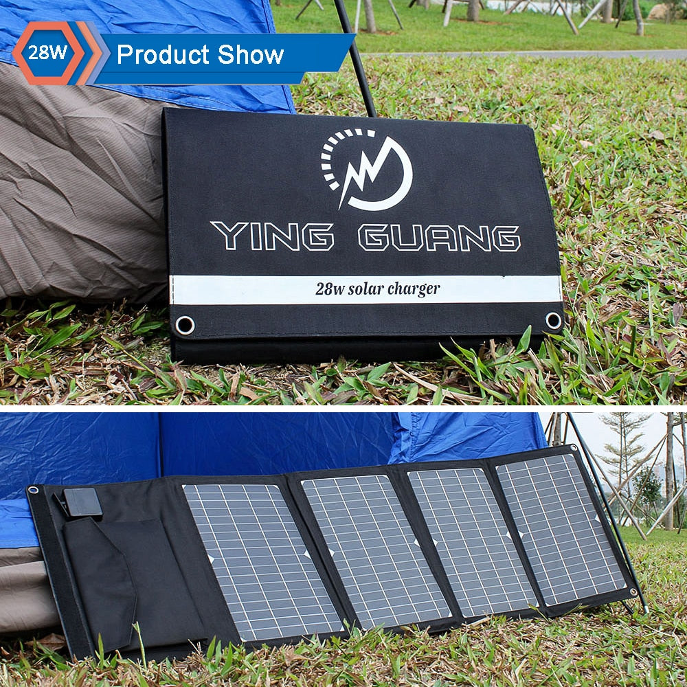 Verbessertes 28W 21W 14W tragbares Solarpanel-Ladegerät Doppeltes USB 5V 18V DC Camping faltbares Solarpanel zum Aufladen von Mobiltelefonen